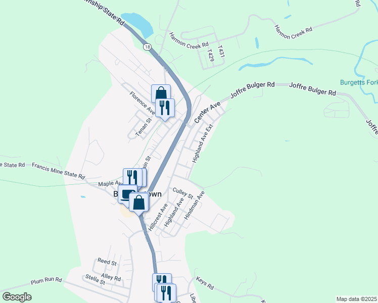 map of restaurants, bars, coffee shops, grocery stores, and more near 17 Elm Street in Burgettstown