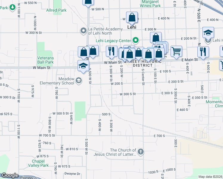 map of restaurants, bars, coffee shops, grocery stores, and more near 255 South 300 West Street in Lehi