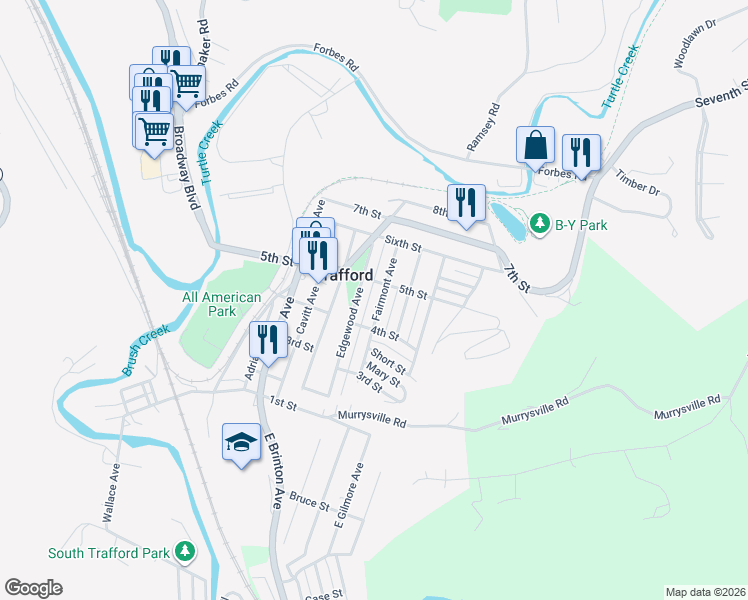 map of restaurants, bars, coffee shops, grocery stores, and more near 413 Fairmont Avenue in Trafford