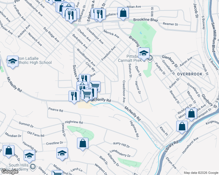 map of restaurants, bars, coffee shops, grocery stores, and more near 1631 Rockford Avenue in Pittsburgh