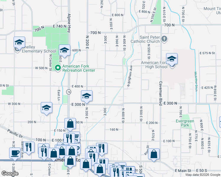 map of restaurants, bars, coffee shops, grocery stores, and more near 370 North 300 East in American Fork