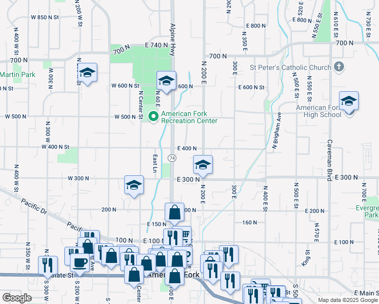 map of restaurants, bars, coffee shops, grocery stores, and more near 380 North 100 East in American Fork