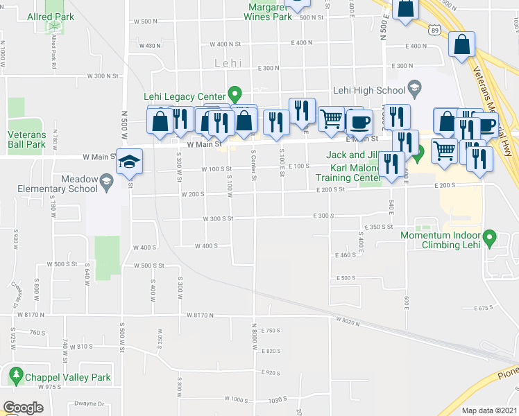map of restaurants, bars, coffee shops, grocery stores, and more near 15 East 300 South in Lehi