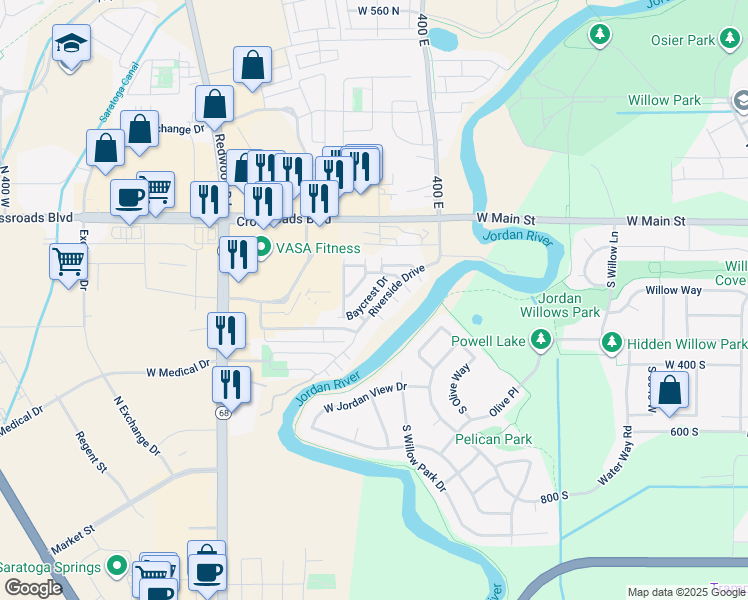 map of restaurants, bars, coffee shops, grocery stores, and more near 1223 Baycrest Drive in Saratoga Springs