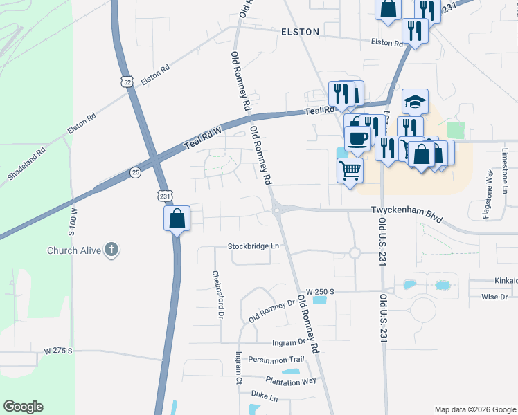 map of restaurants, bars, coffee shops, grocery stores, and more near 312B Brunswick Drive in Lafayette