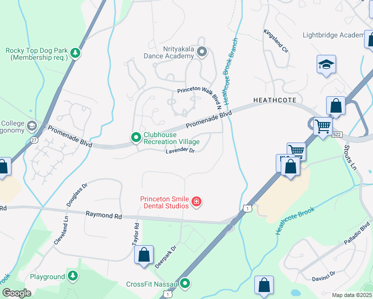 map of restaurants, bars, coffee shops, grocery stores, and more near 26 Lavender Drive in Princeton