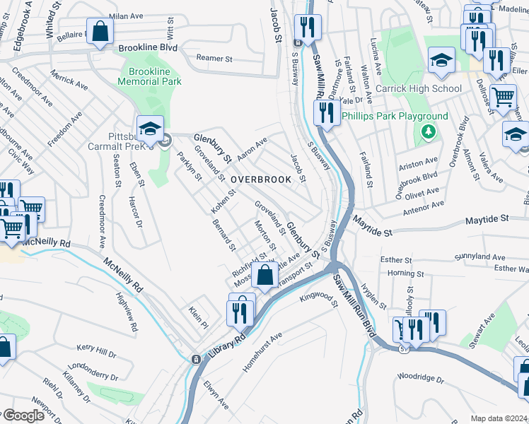 map of restaurants, bars, coffee shops, grocery stores, and more near 2356 Groveland Street in Pittsburgh