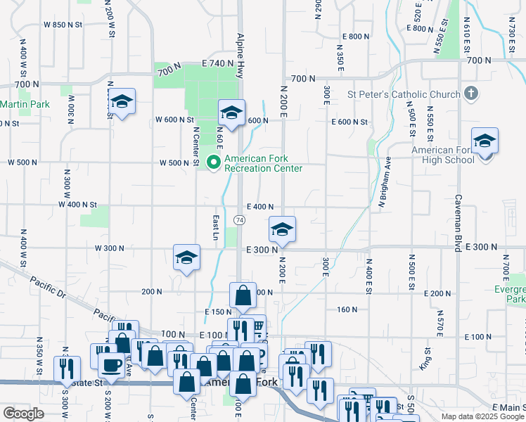 map of restaurants, bars, coffee shops, grocery stores, and more near 380 North 100 East in American Fork