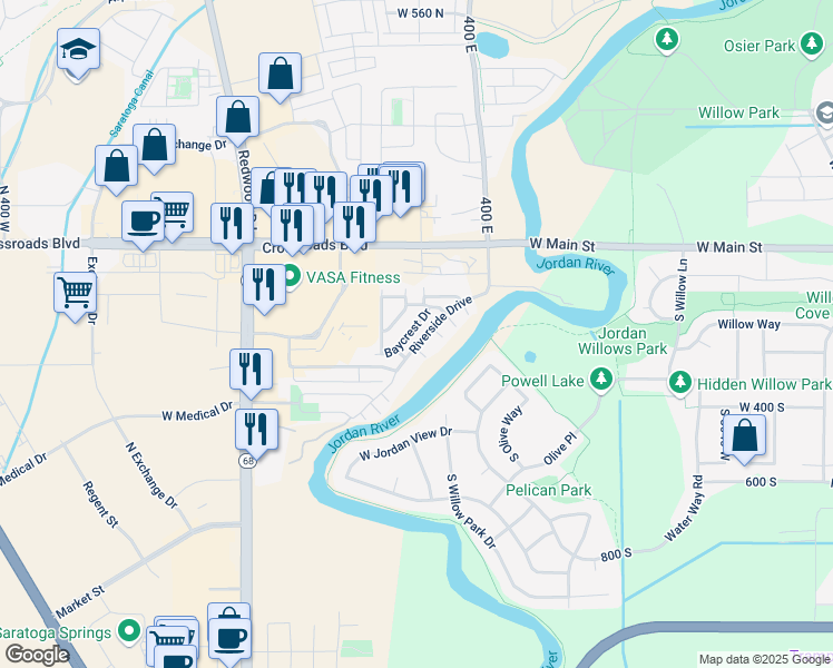 map of restaurants, bars, coffee shops, grocery stores, and more near 1223 Baycrest Drive in Saratoga Springs
