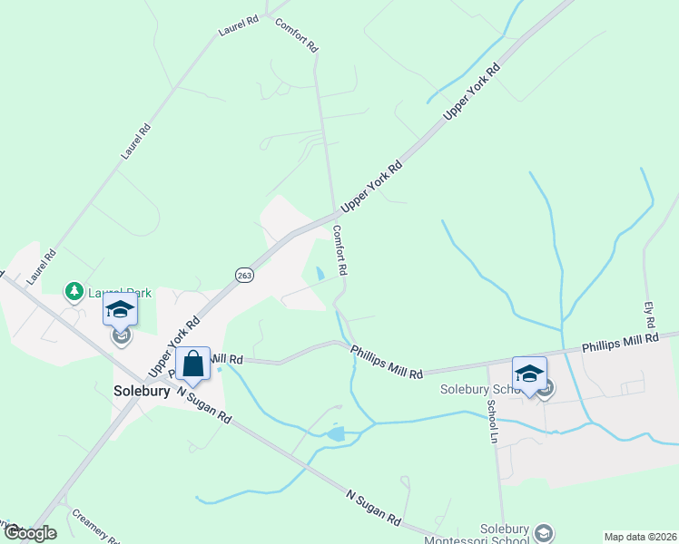 map of restaurants, bars, coffee shops, grocery stores, and more near 2951 Comfort Road in New Hope