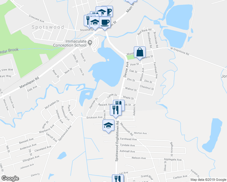 map of restaurants, bars, coffee shops, grocery stores, and more near 8 Lettau Drive in Spotswood