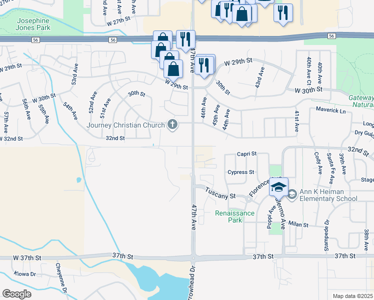 map of restaurants, bars, coffee shops, grocery stores, and more near 3215 47th Avenue in Greeley