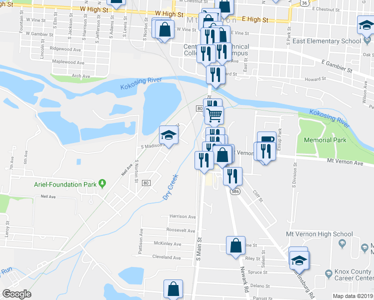map of restaurants, bars, coffee shops, grocery stores, and more near 6 Lewis Street in Mount Vernon