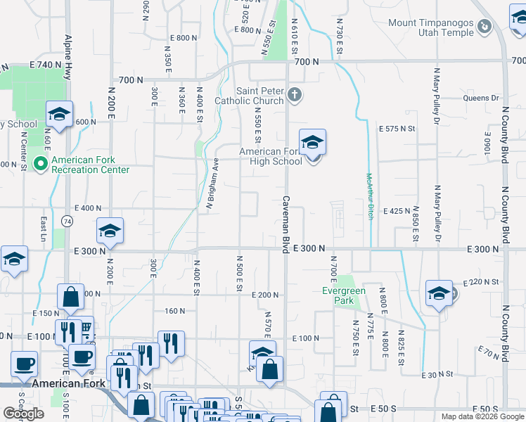 map of restaurants, bars, coffee shops, grocery stores, and more near 524 East 380 North in American Fork