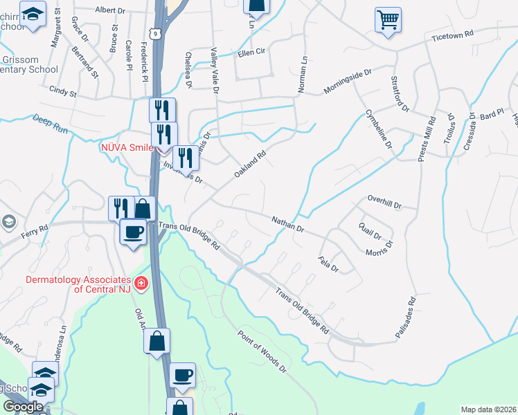 map of restaurants, bars, coffee shops, grocery stores, and more near 22 Nathan Drive in Old Bridge