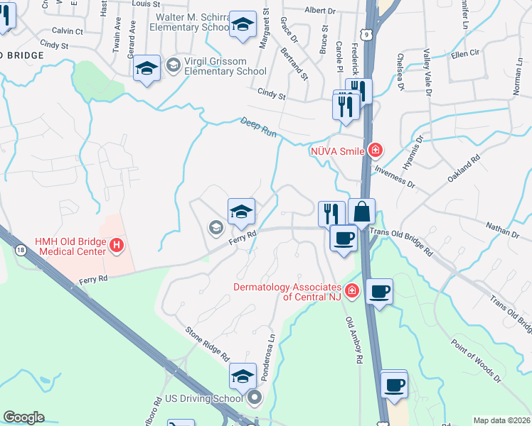 map of restaurants, bars, coffee shops, grocery stores, and more near 4 Victorian Drive in Old Bridge