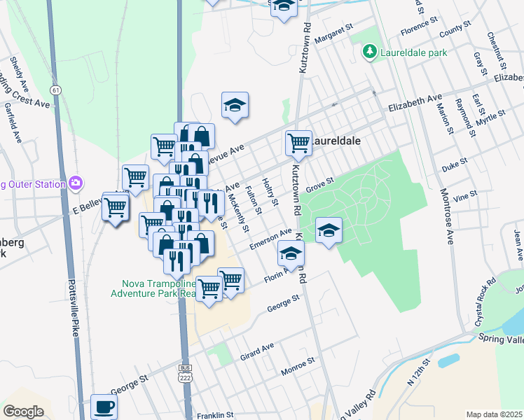 map of restaurants, bars, coffee shops, grocery stores, and more near 700 Belmont Avenue in Laureldale