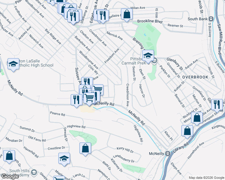 map of restaurants, bars, coffee shops, grocery stores, and more near 1631 Rockford Avenue in Pittsburgh