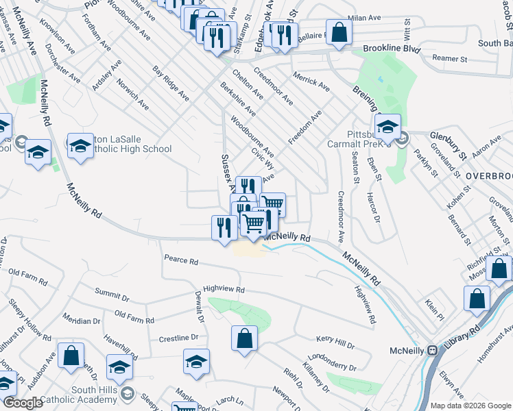 map of restaurants, bars, coffee shops, grocery stores, and more near 3049 Sussex Avenue in Pittsburgh