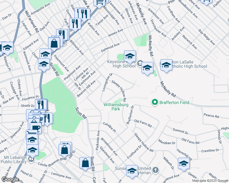 map of restaurants, bars, coffee shops, grocery stores, and more near 912 Bridgewater Drive in Pittsburgh