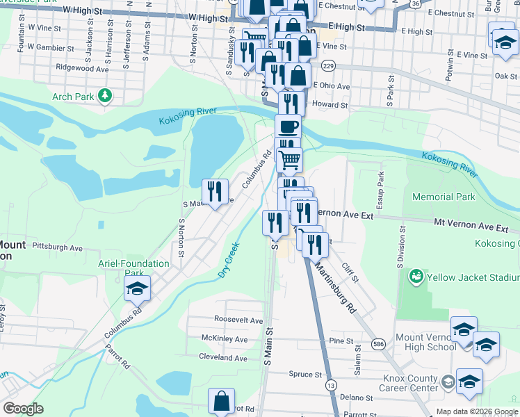 map of restaurants, bars, coffee shops, grocery stores, and more near in Mount Vernon