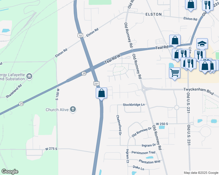map of restaurants, bars, coffee shops, grocery stores, and more near 412 Brunswick Drive in Lafayette