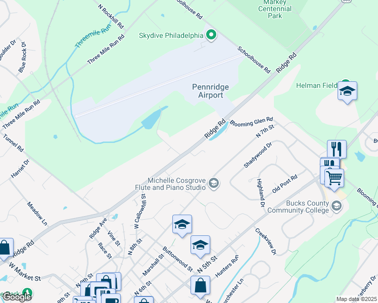 map of restaurants, bars, coffee shops, grocery stores, and more near 903 Ridge Road in Perkasie