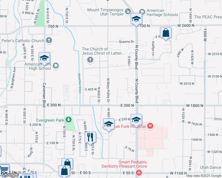 map of restaurants, bars, coffee shops, grocery stores, and more near 382 North 900 East in American Fork