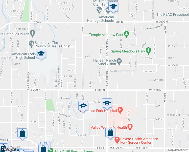 map of restaurants, bars, coffee shops, grocery stores, and more near 1029 East 380 North Circle in American Fork