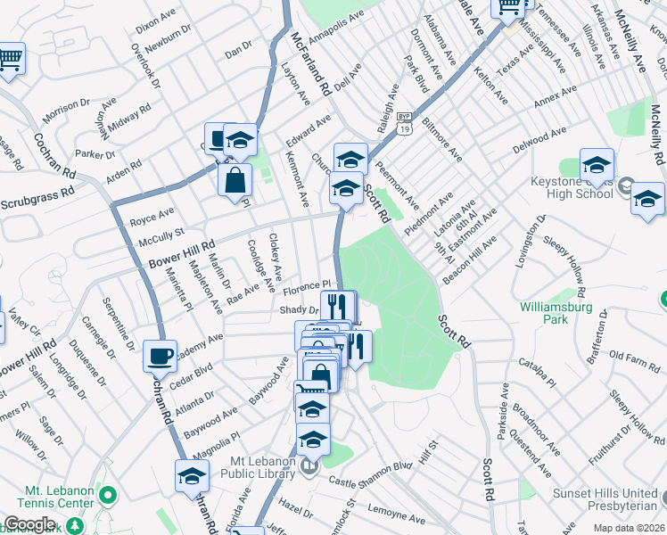 map of restaurants, bars, coffee shops, grocery stores, and more near 460 Washington Road in Pittsburgh