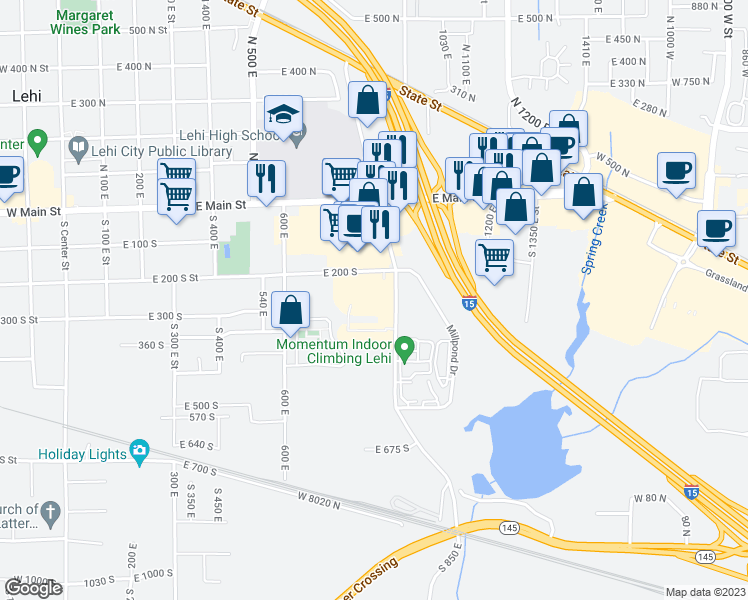 map of restaurants, bars, coffee shops, grocery stores, and more near 302 South 850 East in Lehi