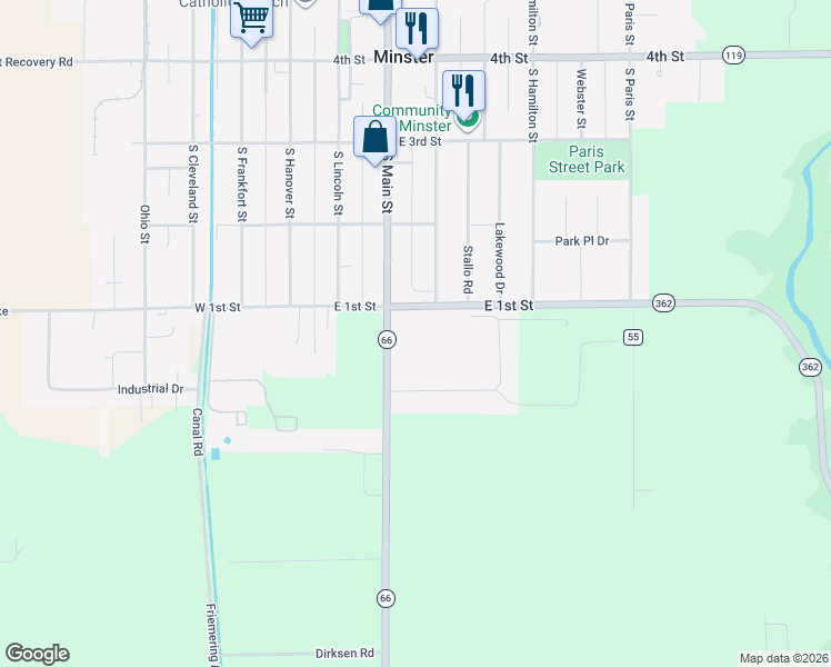 map of restaurants, bars, coffee shops, grocery stores, and more near 216 Southgate Drive in Minster