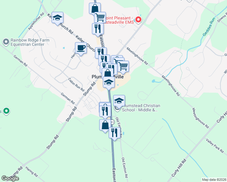 map of restaurants, bars, coffee shops, grocery stores, and more near 5821 Easton Road in Plumsteadville