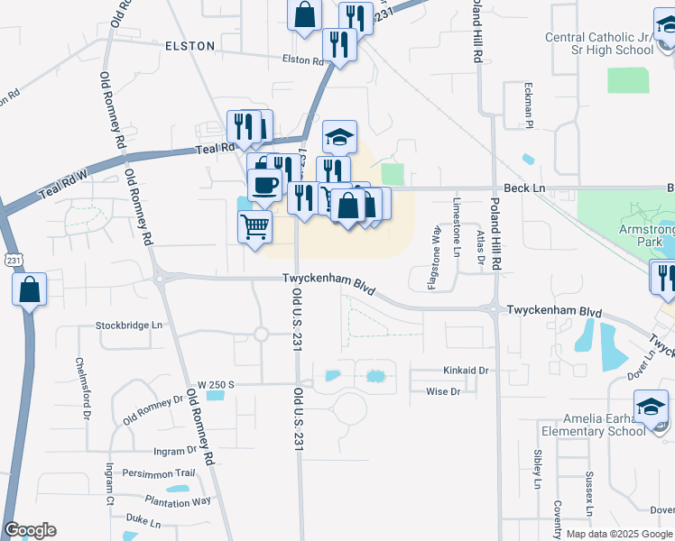 map of restaurants, bars, coffee shops, grocery stores, and more near 40 Twyckenham Boulevard in Lafayette