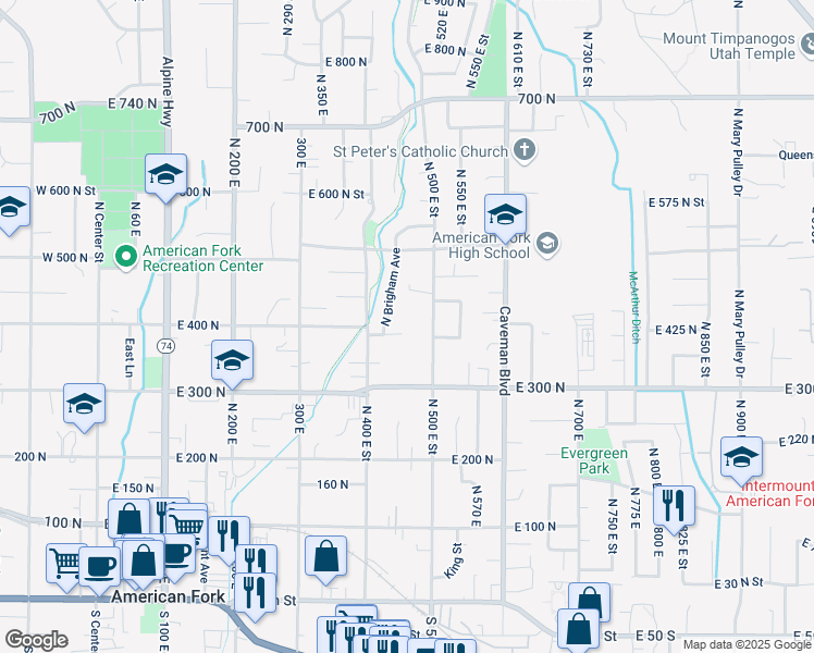 map of restaurants, bars, coffee shops, grocery stores, and more near 456 East 380 North in American Fork