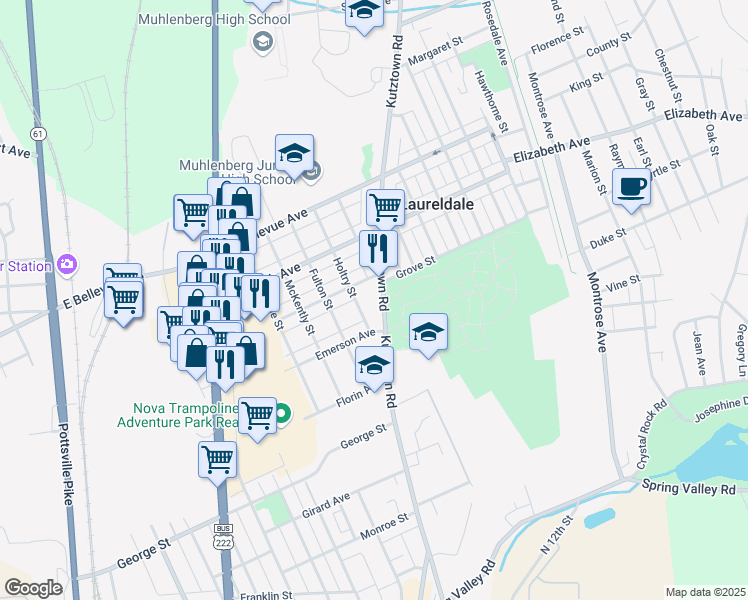 map of restaurants, bars, coffee shops, grocery stores, and more near 3215 Holtry Street in Laureldale