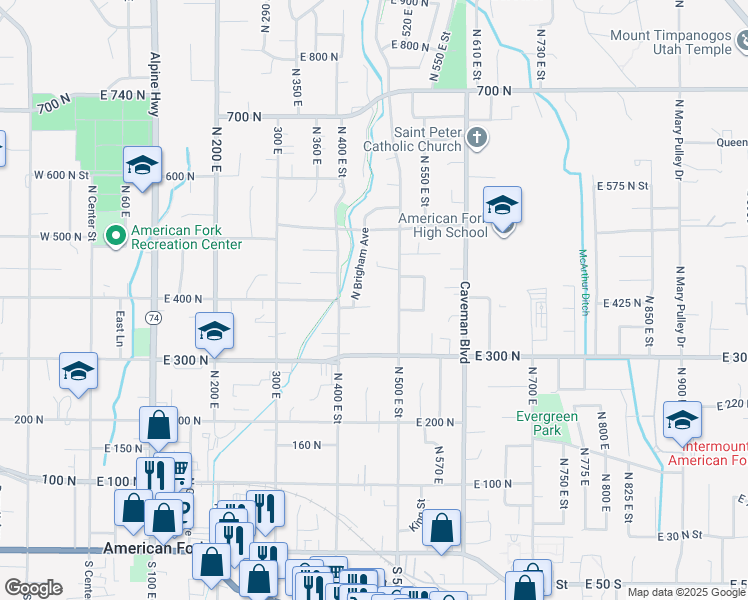 map of restaurants, bars, coffee shops, grocery stores, and more near 456 East 380 North in American Fork
