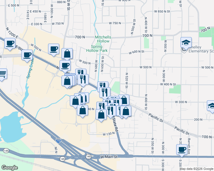 map of restaurants, bars, coffee shops, grocery stores, and more near 362 North 580 West Street in American Fork