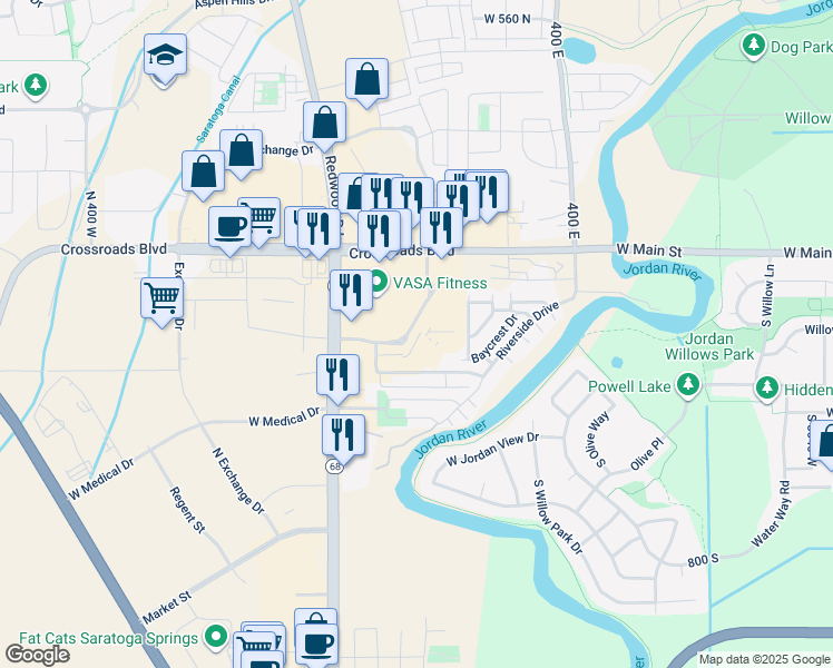 map of restaurants, bars, coffee shops, grocery stores, and more near 1264 Commerce Drive in Saratoga Springs
