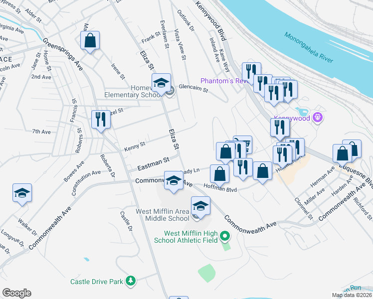 map of restaurants, bars, coffee shops, grocery stores, and more near 4801 Eliza Street in West Mifflin