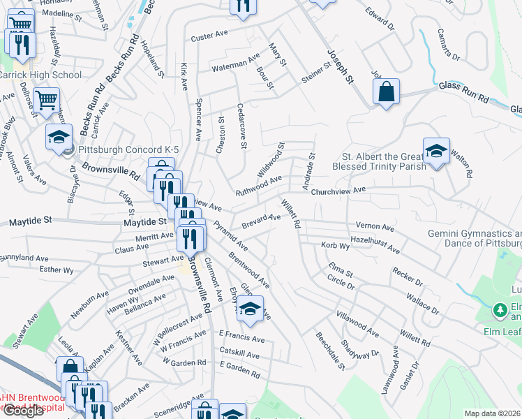map of restaurants, bars, coffee shops, grocery stores, and more near 2940 Brevard Avenue in Pittsburgh