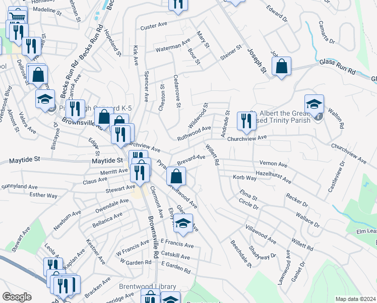 map of restaurants, bars, coffee shops, grocery stores, and more near 2940 Brevard Avenue in Pittsburgh