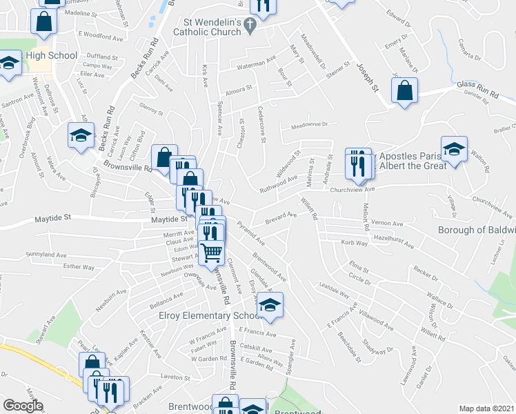 map of restaurants, bars, coffee shops, grocery stores, and more near 2900 Churchview Avenue in Pittsburgh