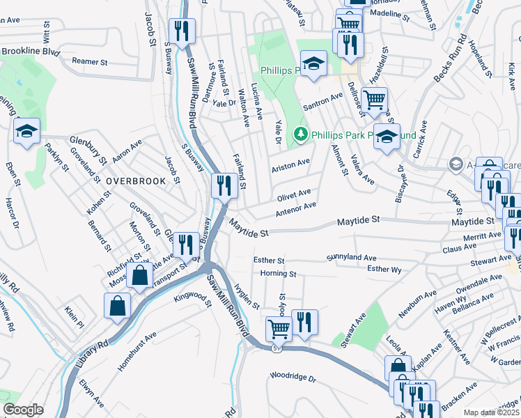 map of restaurants, bars, coffee shops, grocery stores, and more near 509 Antenor Avenue in Pittsburgh