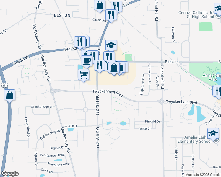 map of restaurants, bars, coffee shops, grocery stores, and more near 40 Twyckenham Boulevard in Lafayette
