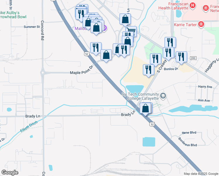 map of restaurants, bars, coffee shops, grocery stores, and more near 3150 Sagamore Parkway South in Lafayette
