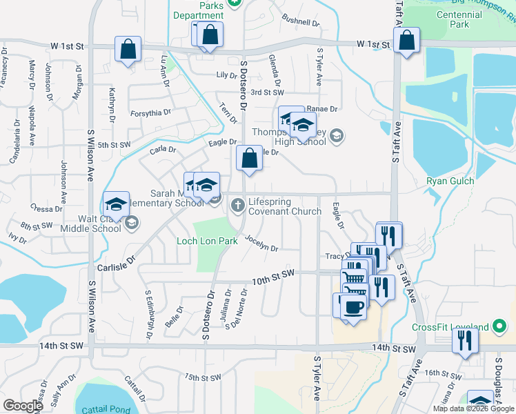 map of restaurants, bars, coffee shops, grocery stores, and more near 718 South Del Norte Avenue in Loveland