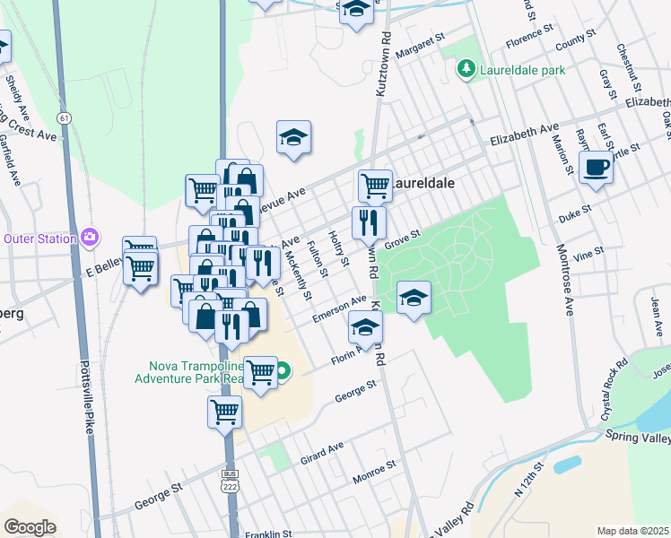 map of restaurants, bars, coffee shops, grocery stores, and more near 738 Belmont Avenue in Laureldale