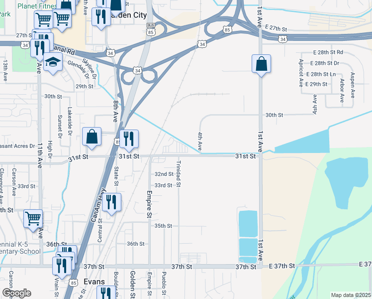 map of restaurants, bars, coffee shops, grocery stores, and more near 505 31st Street in Greeley
