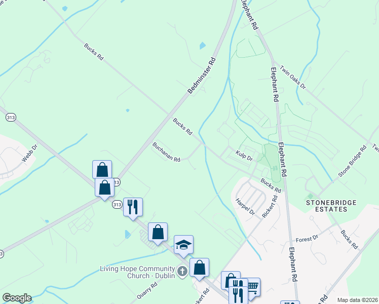map of restaurants, bars, coffee shops, grocery stores, and more near 452 Buchanan Road in Perkasie